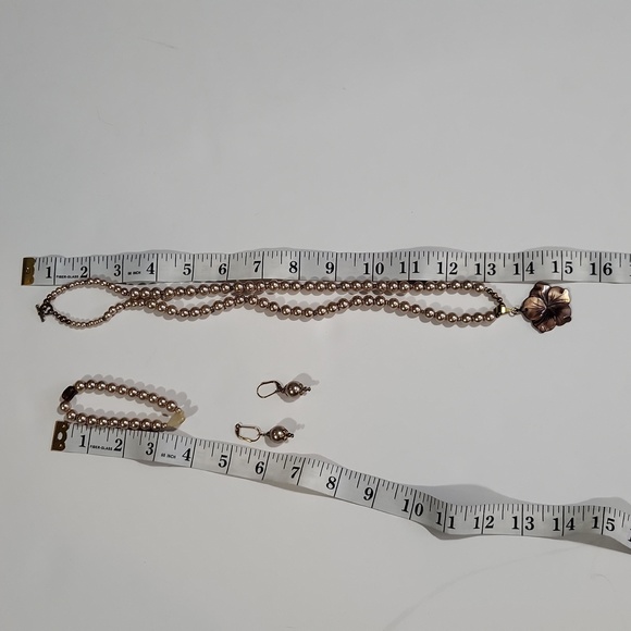 Natural Shell & Simulated Pearl Pink & Brown Necklace Bracelet Earring Set - Picture 9 of 9